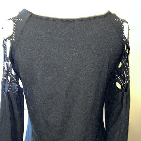 Black 3/4 length sleeve shirt with cut outs at the shoulders with crystals - Picture 6 of 10